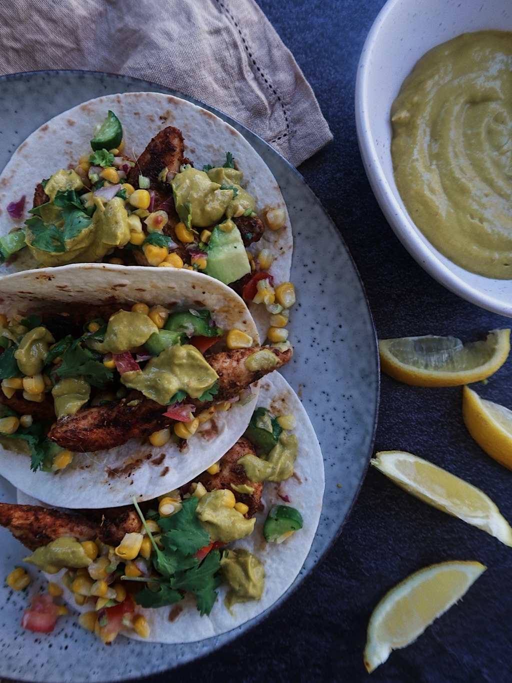 Chicken Tacos With Salsa And Spicy Avo Sauce